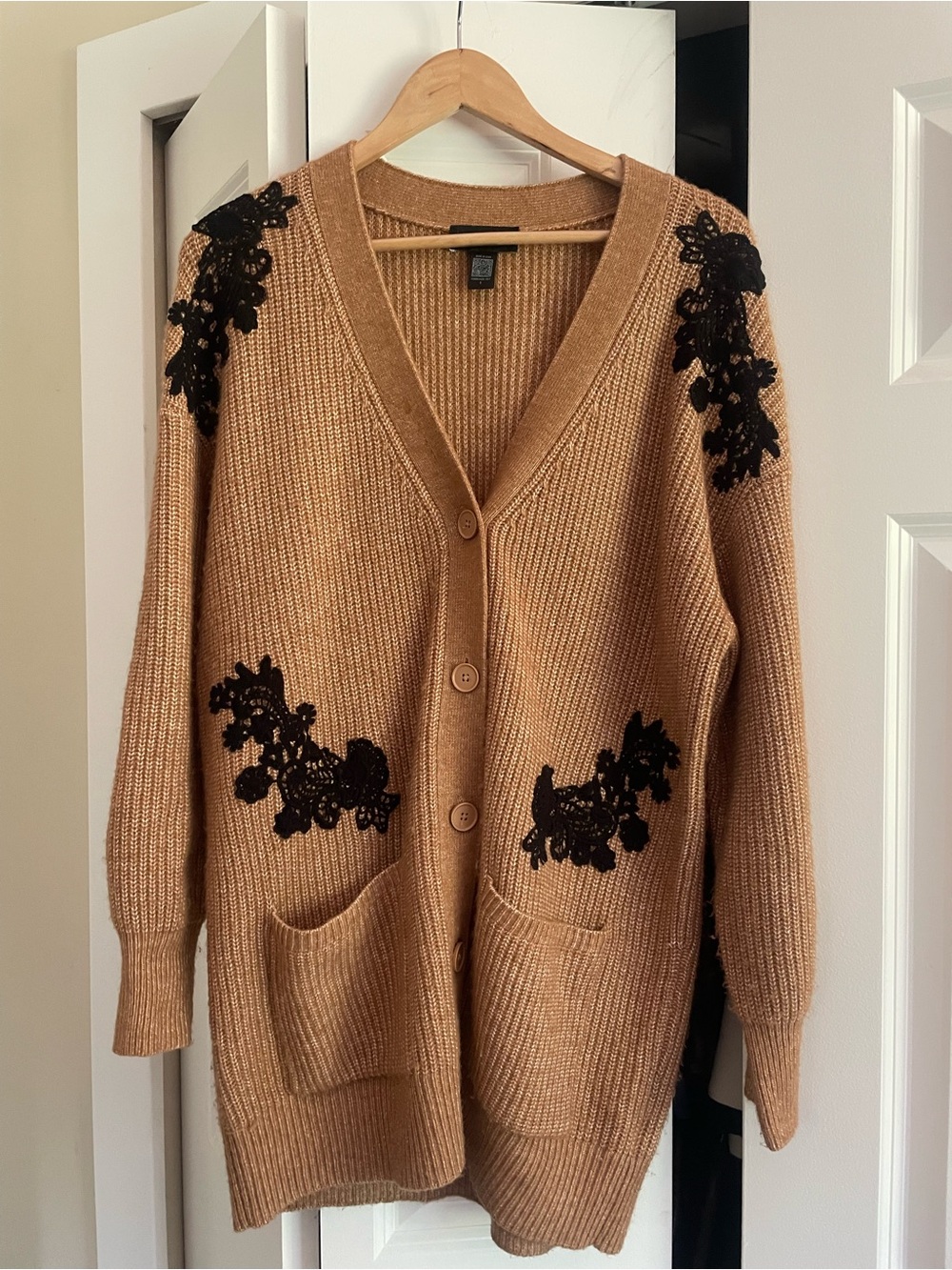 Express Camel Cardigan with Black Lace Appliqué